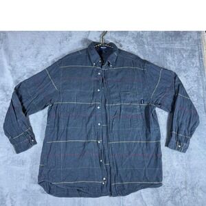 Vintage Guess Jeans Mens Flannel Shirt L Ink Blue Striped Button Down 5632IN2